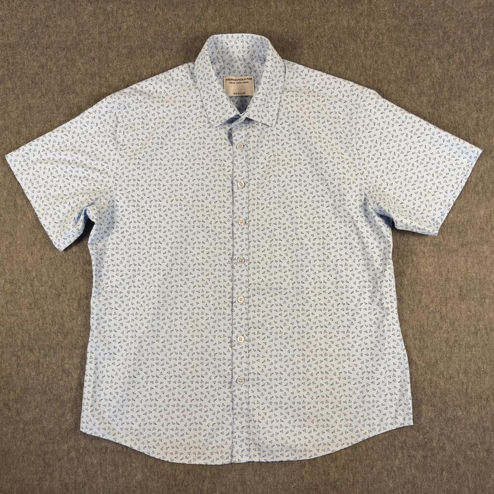 Androgynous Fox Shirt Mens Medium Blue Geometric Short Sleeve Button Up Casual